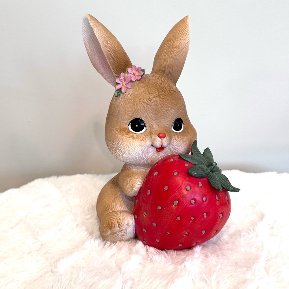 Cottontail Lane Cute Baby Easter Bunny Holding Giant Strawberry Spring Decor NEW